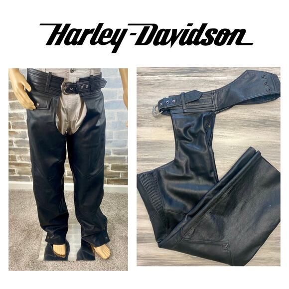 Mens Harley Davidson Leather Black Motorcycle Chaps Biker Riding Gear Size M - Picture 1 of 16